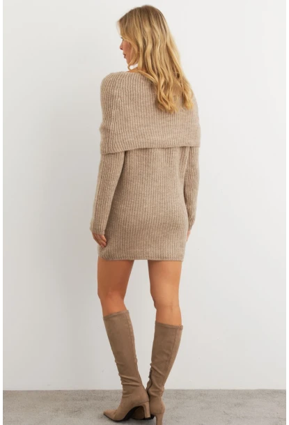 Kadın Sütlü Kahve Madonna Yaka Triko Tunik Elbise KAZ36