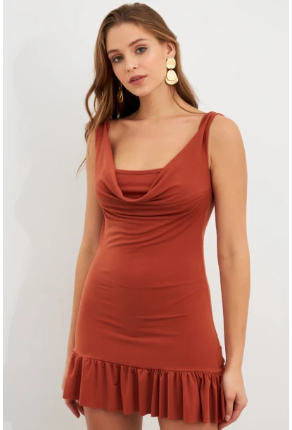 Kadın Tarçın Degaje Yaka Mini Elbise HOR0078