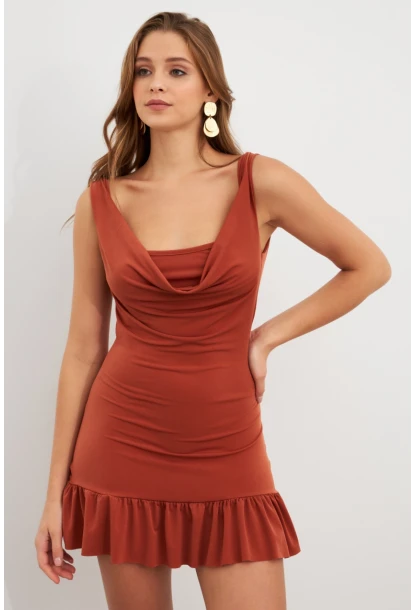 Kadın Tarçın Degaje Yaka Mini Elbise HOR0078