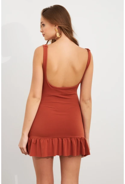 Kadın Tarçın Degaje Yaka Mini Elbise HOR0078