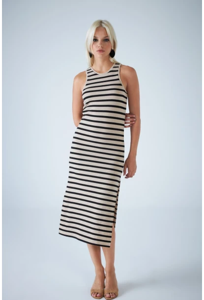 Kadın Taş Kolsuz Yırtmaçlı Çizgili Midi Elbise AYD418