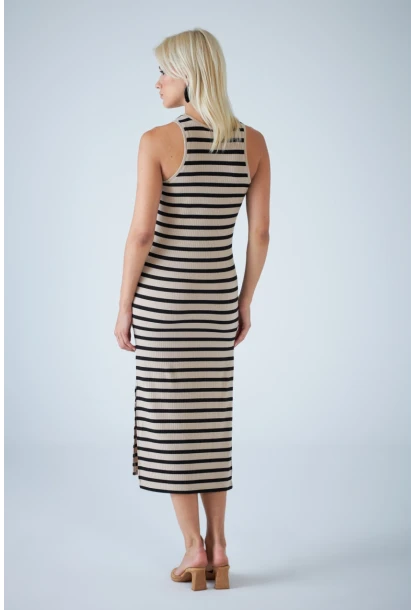 Kadın Taş Kolsuz Yırtmaçlı Çizgili Midi Elbise AYD418