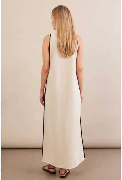 Kadın Taş Kontrast Çizgili Maxi Keten Elbise MSİ101