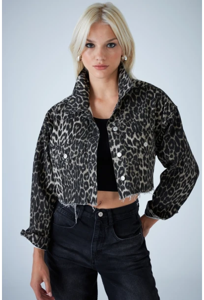 Kadın Taş-Siyah Kısa Leopar Denim Ceket TSS103