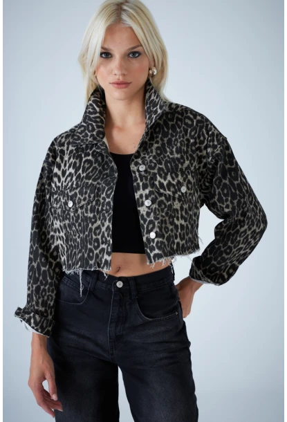 Kadın Taş-Siyah Kısa Leopar Denim Ceket TSS103