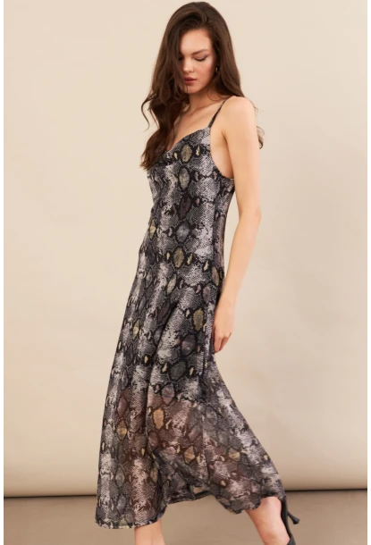 Kadın Taş-Siyah Sırtı Açık Desenli Midi Tül Elbise İRE992