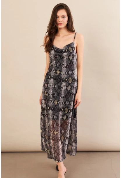 Kadın Taş-Siyah Sırtı Açık Desenli Midi Tül Elbise İRE992