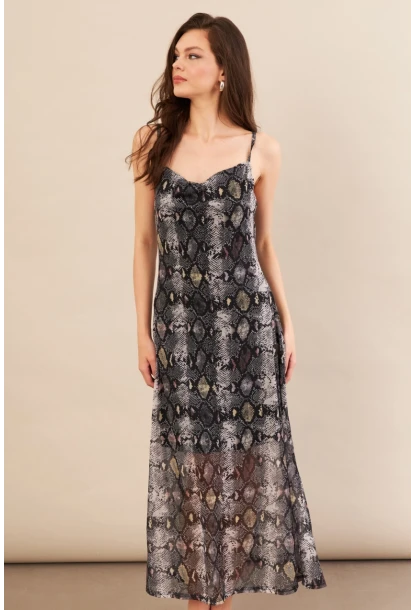 Kadın Taş-Siyah Sırtı Açık Desenli Midi Tül Elbise İRE992