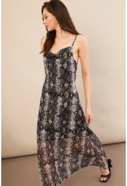 Kadın Taş-Siyah Sırtı Açık Desenli Midi Tül Elbise İRE992