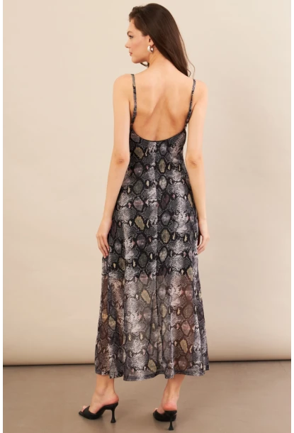 Kadın Taş-Siyah Sırtı Açık Desenli Midi Tül Elbise İRE992