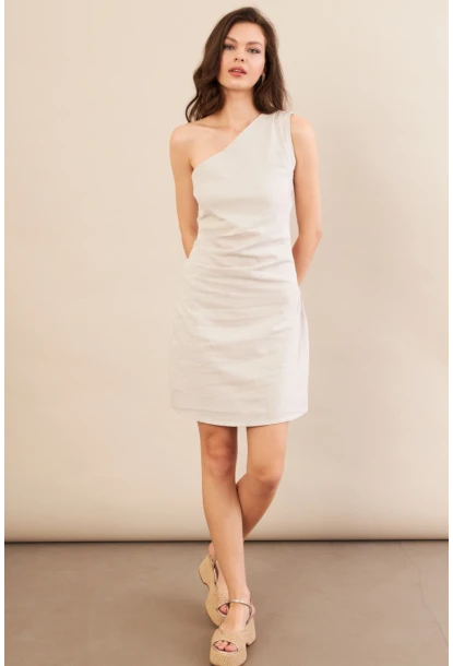 Kadın Taş Tek Omuz Astarlı Mini Keten Elbise AYD416