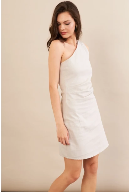 Kadın Taş Tek Omuz Astarlı Mini Keten Elbise AYD416