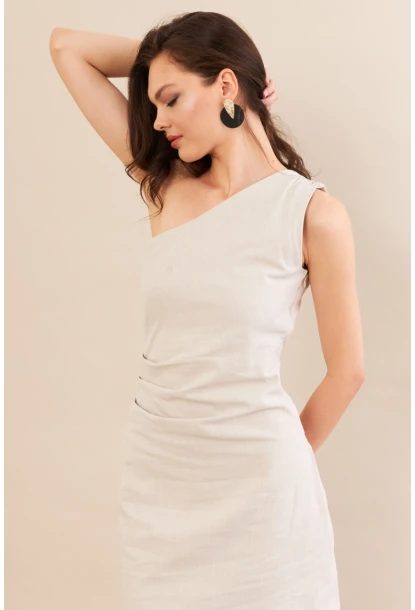 Kadın Taş Tek Omuz Astarlı Mini Keten Elbise AYD416