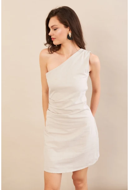 Kadın Taş Tek Omuz Astarlı Mini Keten Elbise AYD416