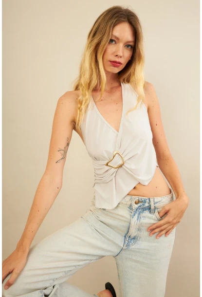 Kadın Taş Tokalı Asimetrik Crop Bluz AN8134