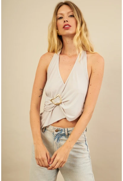 Kadın Taş Tokalı Asimetrik Crop Bluz AN8134