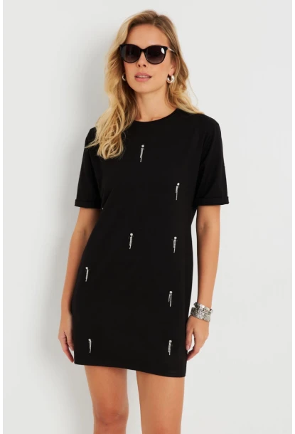 Kadın Taşlı Mini Elbise Siyah ST831