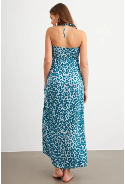 Kadın Turkuaz Büzgülü Desenli Midi Elbise KAB304