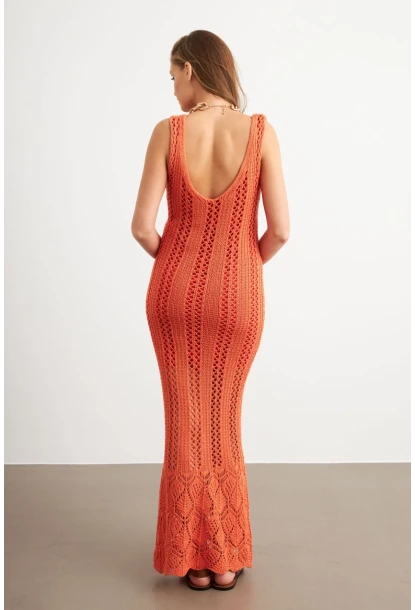 Kadın Turuncu Astarlı Ajurlu Maxi Elbise MBE15001