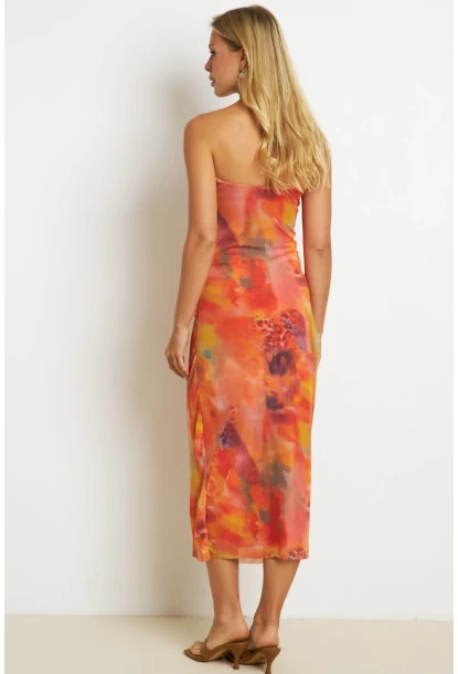 Kadın Turuncu Büzgülü Astarlı Tül Midi Elbise YEL89