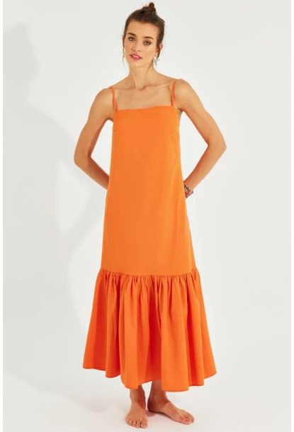 Kadın Turuncu Eteği Volanlı Askılı Midi Elbise MEN2001