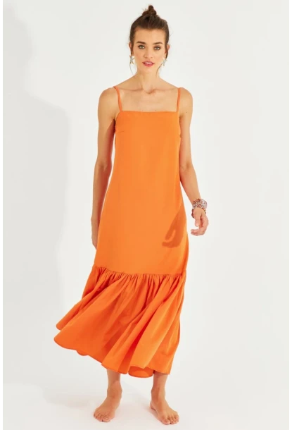 Kadın Turuncu Eteği Volanlı Askılı Midi Elbise MEN2001