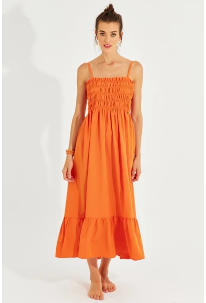 Kadın Turuncu Gipeli Askılı Midi Elbise MEN2000
