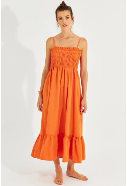 Kadın Turuncu Gipeli Askılı Midi Elbise MEN2000