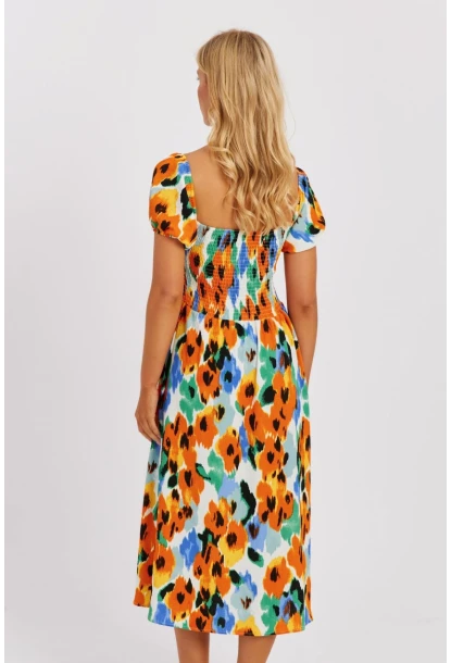 Kadın Turuncu Gipeli Desenli Midi Elbise MON126