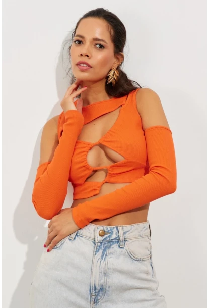 Kadın Turuncu Pencereli Kaşkorse Crop Bluz B2403