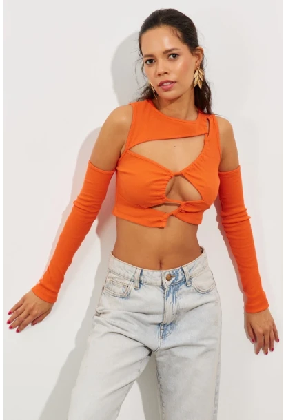 Kadın Turuncu Pencereli Kaşkorse Crop Bluz B2403