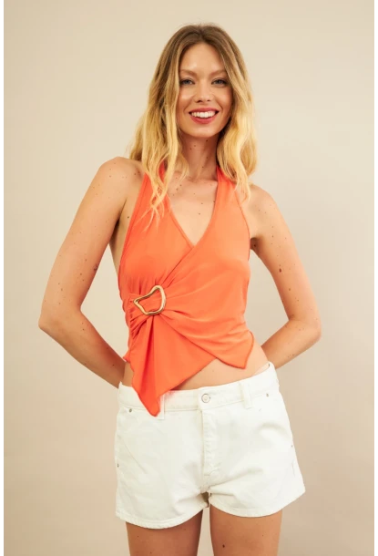 Kadın Turuncu Tokalı Asimetrik Crop Bluz AN8134