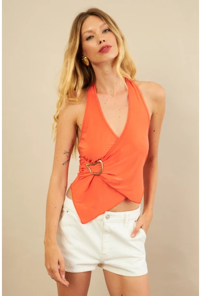 Kadın Turuncu Tokalı Asimetrik Crop Bluz AN8134