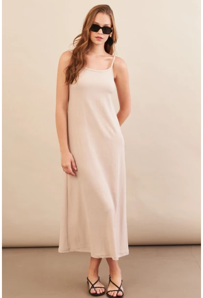 Kadın Vanilya Ayarlanabilir Askılı Bürümcük Midi Elbise MX9455