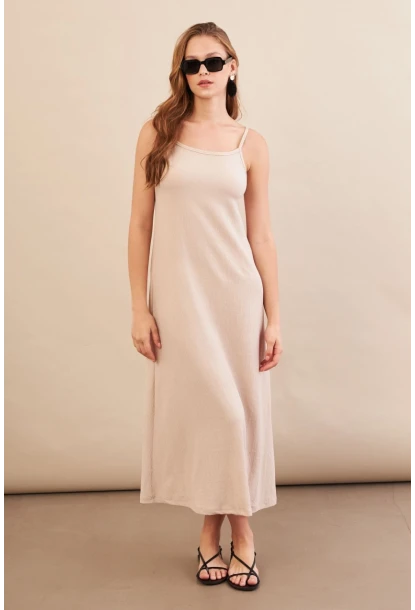 Kadın Vanilya Ayarlanabilir Askılı Bürümcük Midi Elbise MX9455