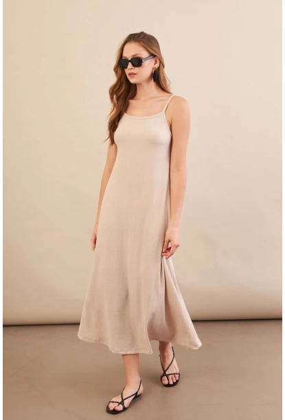 Kadın Vanilya Ayarlanabilir Askılı Bürümcük Midi Elbise MX9455