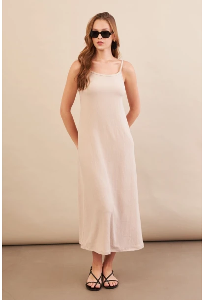 Kadın Vanilya Ayarlanabilir Askılı Bürümcük Midi Elbise MX9455