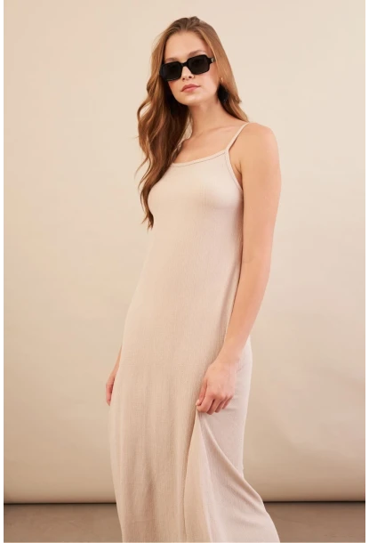 Kadın Vanilya Ayarlanabilir Askılı Bürümcük Midi Elbise MX9455