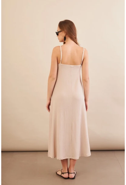 Kadın Vanilya Ayarlanabilir Askılı Bürümcük Midi Elbise MX9455