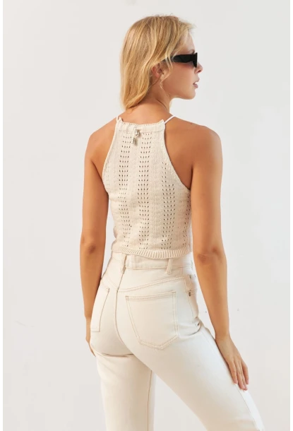 Kadın Vanilya Ayarlanabilir Boyunlu Triko Bluz MP20147