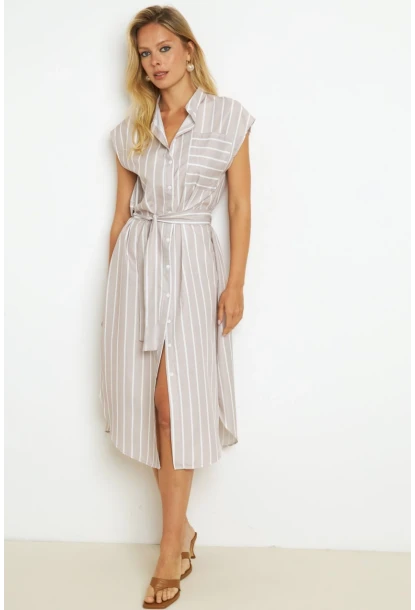 Kadın Vanilya Çizgili Midi Gömlek Elbise SF1000