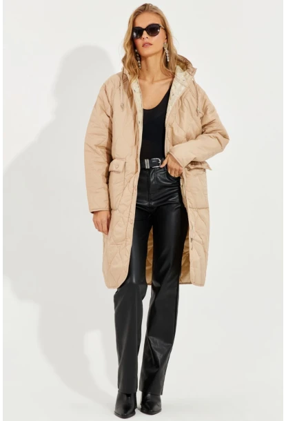 Kadın Vanilya Kapitone Fermuarlı Kapüşonlu Mont QRS8245