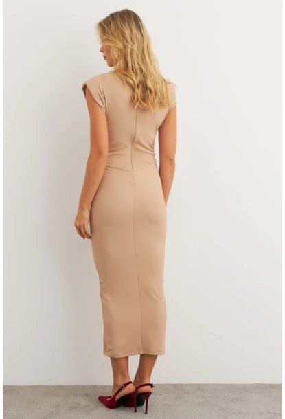 Kadın Vanilya Omuzları Vatkalı Drape Maxi Elbise KED4252