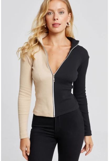 Kadın Vanilya-Siyah Renk Bloklu Kaşkorse Bluz EY2586