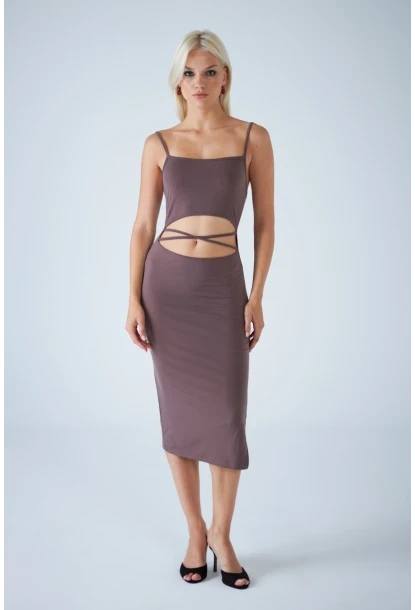 Kadın Vizon Sırtı Açık Pencereli Midi Elbise CEL001