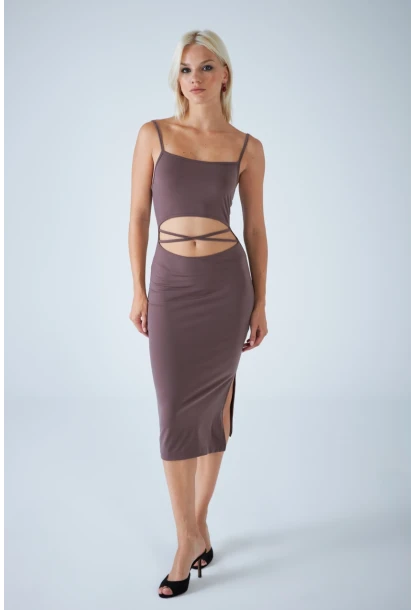 Kadın Vizon Sırtı Açık Pencereli Midi Elbise CEL001