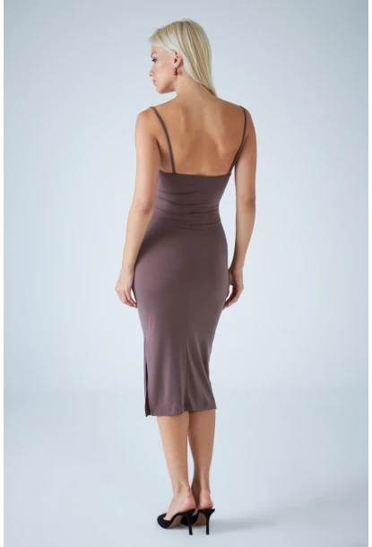 Kadın Vizon Sırtı Açık Pencereli Midi Elbise CEL001