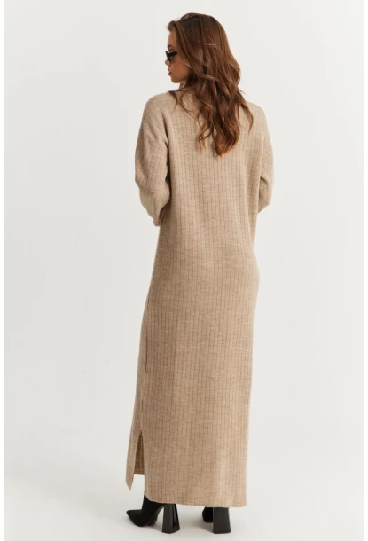 Kadın Vizon Yakası Fermuarlı Triko Maxi Elbise MNUV10