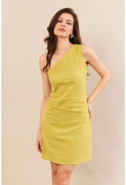 Kadın Yağ Yeşili Tek Omuz Astarlı Mini Keten Elbise AYD416