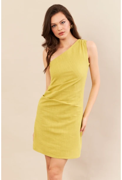 Kadın Yağ Yeşili Tek Omuz Astarlı Mini Keten Elbise AYD416